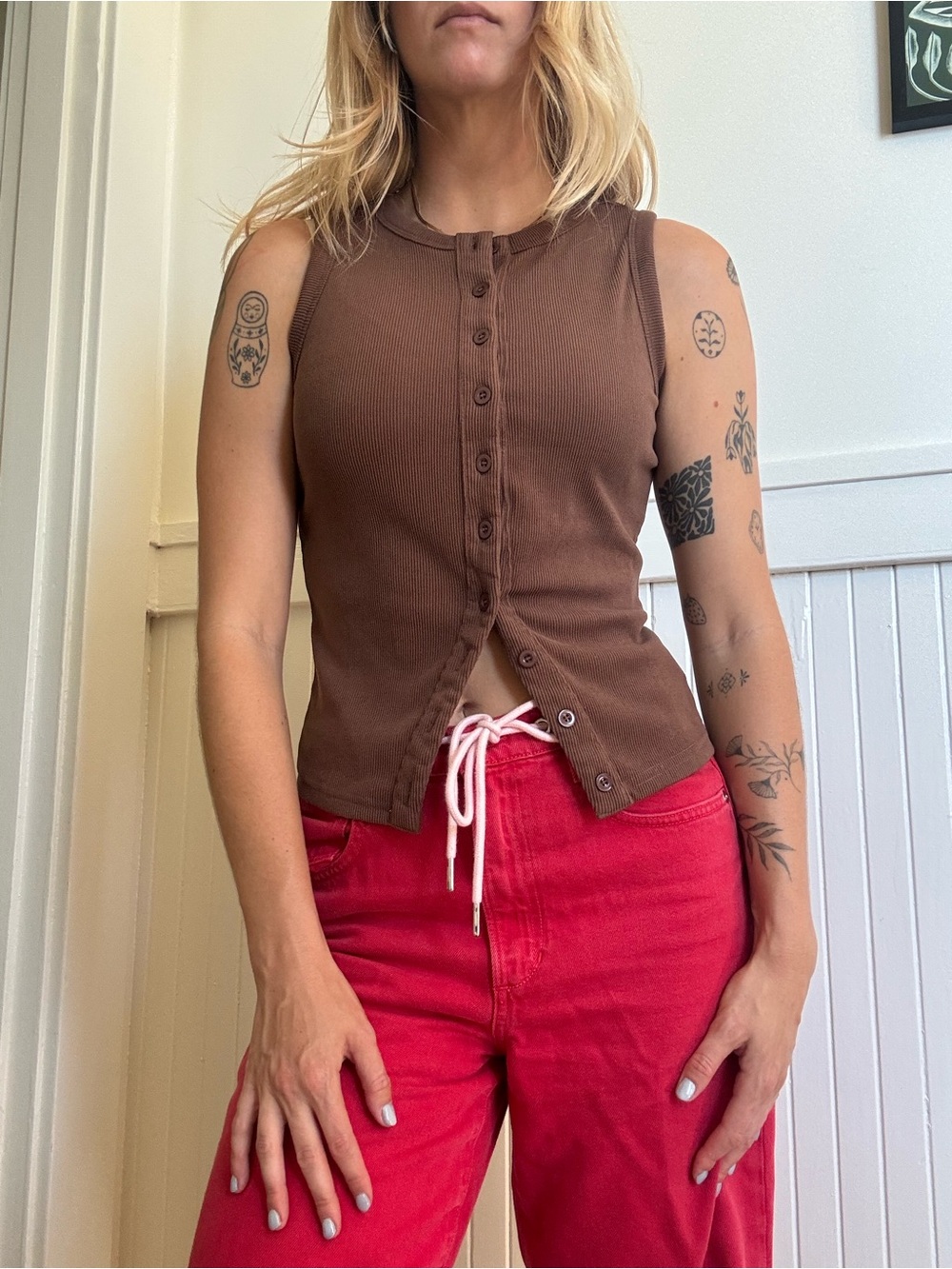 Abercrombie & Fitch Brown Ribbed Button-Front Tank